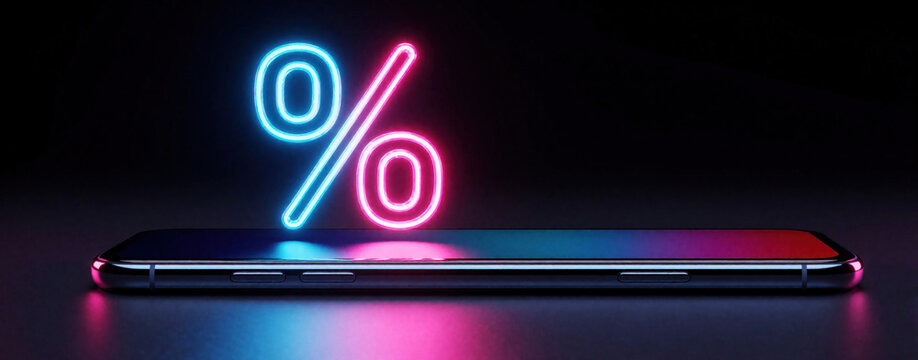 Neon percent sign floats above modern smartphone. Concept for digital sales promotions, online discounts and mobile commerce offers. Bright lights create abstract futuristic background.