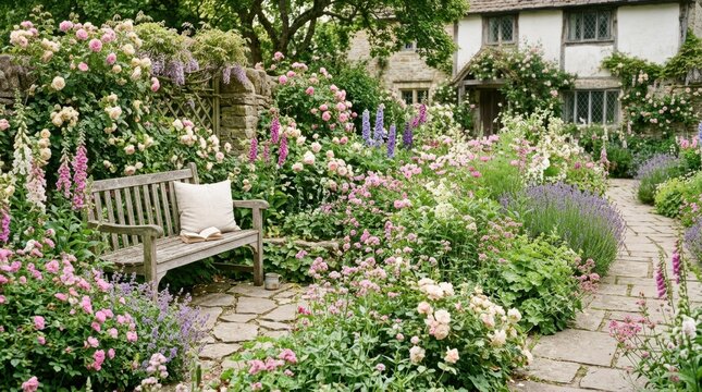 Idyllic English cottage garden with stone bench and blooming roses
