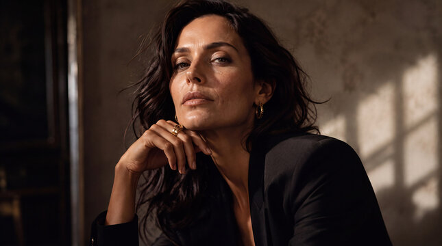 Elegant brunette woman in a black blazer posing with her hand beneath her chin, illuminated by warm natural sunlight. Sophisticated fashion portrait featuring realistic skin texture, gold jewelry, dra