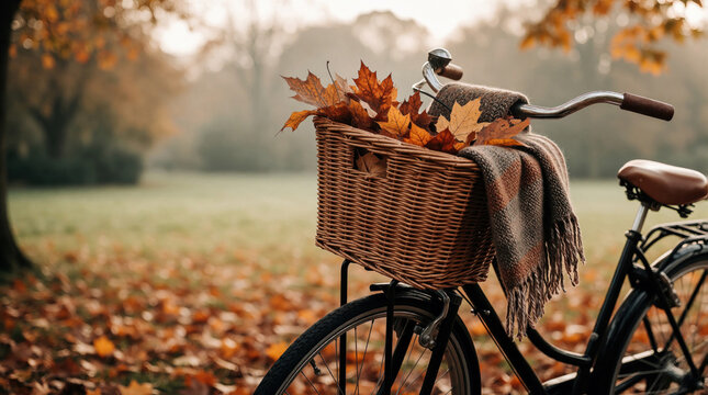 Classic vintage bicycle stands in autumn park. Woven wicker basket holds colorful fallen maple leaves, warm wool blanket. Peaceful fall landscape with trees, grass during misty morning. Nostalgic