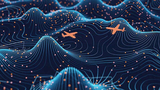 Abstract 3D digital visualization of global air traffic and aviation navigation paths over a futuristic topographic data map