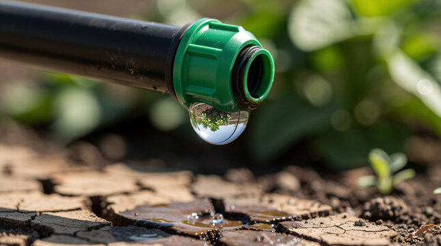 Macro Close up of Drip Irrigation System Watering Dry Cracked Soil