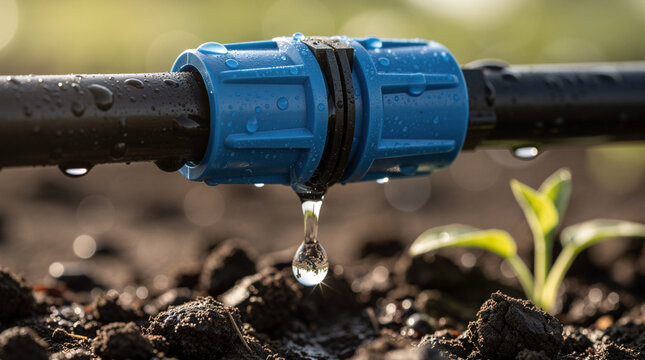 Macro Close up of Drip Irrigation Pipe with Water Drop on Plant Soil
