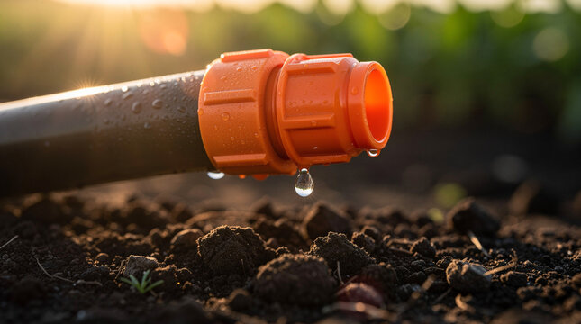 Macro view of irrigation pipe with orange connector and water drip on soil