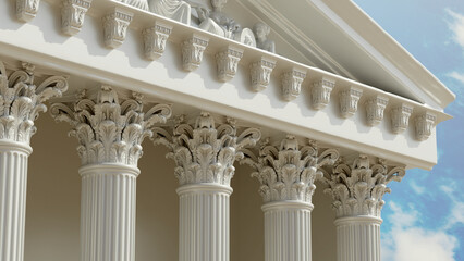 Fototapeta premium Corinthian column building, ancient greek architecture, acanthus capitals, classical pediment, blue sky