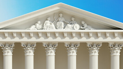 Fototapeta premium White fluted Corinthian columns with acanthus capitals support an ornate classical pediment