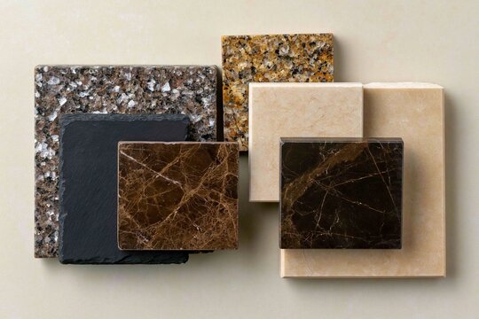 Rectangular natural stone slabs arranged in a balanced material palette, ideal for interior design, construction and remodeling promotions.