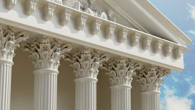 Corinthian column building, ancient greek architecture, acanthus capitals, classical pediment, blue sky
