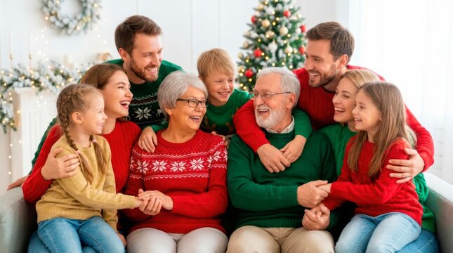 Happy multi-generational family celebrating Christmas together at home. The group is huddled on the sofa, laughing heartily and enjoying the moment.