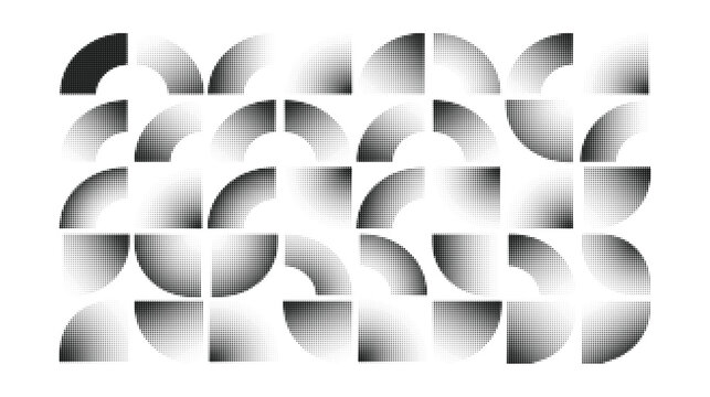 Abstract geometric pattern with halftone dots and quarter circles