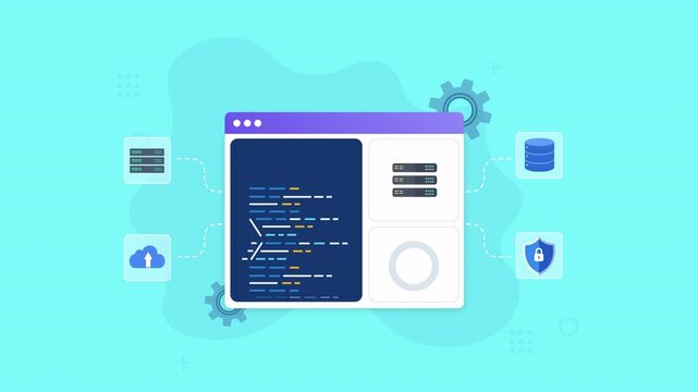 Animated web development interface with code, server, database, cloud, and security icons, representing software development, web technology, data management, and digital infrastructure.