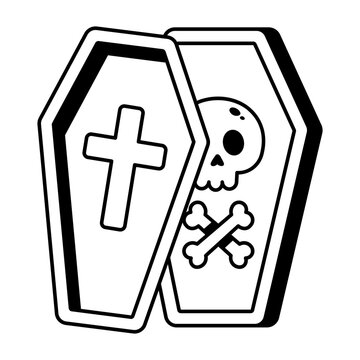 Glyph Halloween icon of an open purple coffin showing a skull and bones, with bold cartoon shapes, clean edges, bright colors, and a simple white background.
