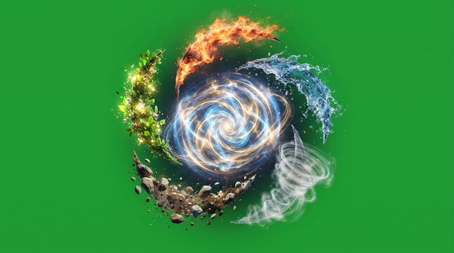 Four elements of nature swirling in a vortex with fire water earth and air on green screen