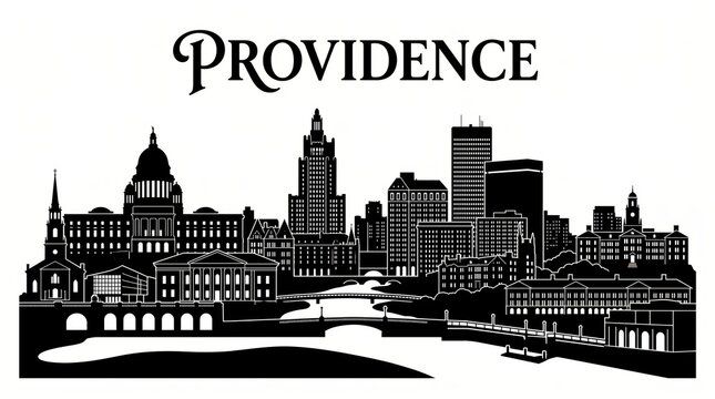 Highly detailed Providence, Rhode Island skyline silhouette featuring the Rhode Island State House dome, Superman Building, historic New England architecture, College Hill