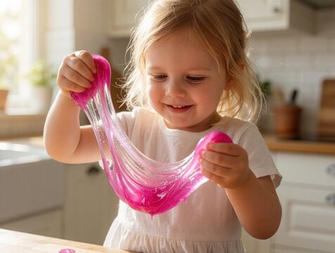 Little girl happily plays with pink slime toy, stretching the gooey substance. Child enjoys creative homemade play in a sunlit kitchen setting, focusing on sensory fun.