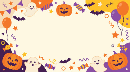 Fototapeta premium Cute Halloween Party Vector Banner with Pumpkins Ghosts and Candy Decorations