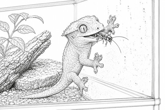 昆虫を食べるヤモリの大人向け塗り絵、爬虫類の細密線画（塗り絵ver)