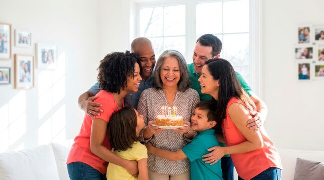 Happy family celebrating their beloved grandmother's birthday together at home. The grandmother is surrounded by warm hugs from her grandchildren while holding her birthday cake.