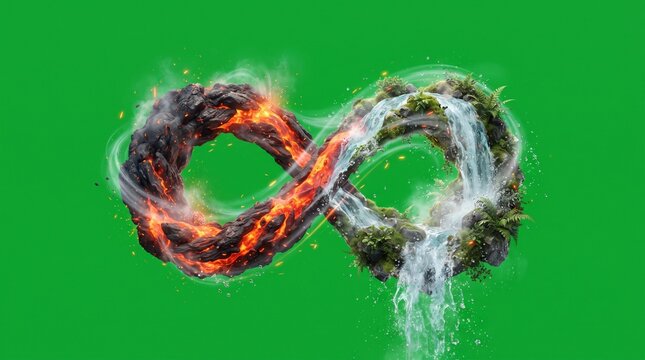 Infinity symbol made of fire and water elements on green screen background