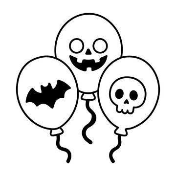 Glyph Halloween icon of three colorful balloons with spooky face prints, with bold cartoon shapes, clean edges, bright colors, and a simple white background.