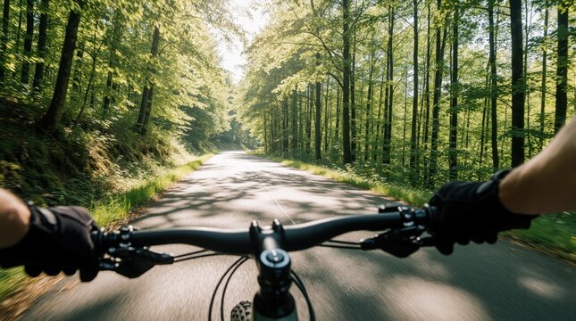 POV shot of cyclist riding on asphalt road through green forest. Sun shines through trees, casting shadows on path. Motion blur suggests fast pace.