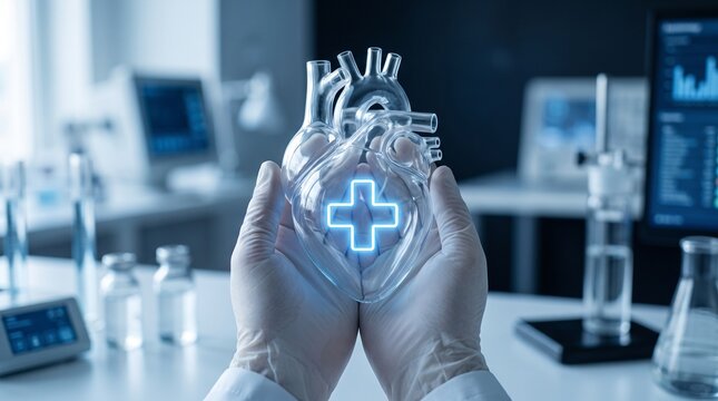 A scientist's gloved hands hold a glowing transparent heart model with a medical cross in a futuristic lab, symbolizing advanced cardiac research and healthcare innovation.