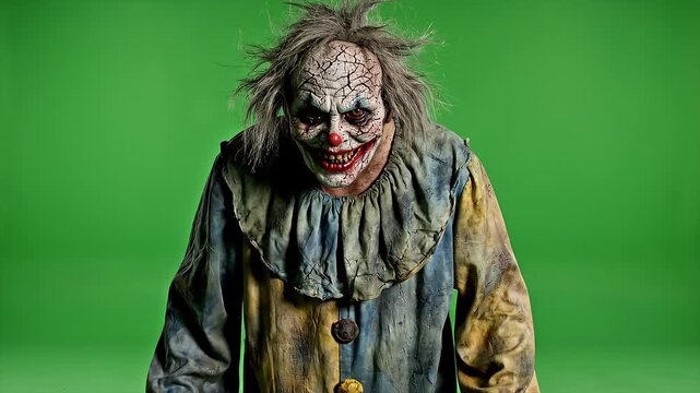 Creepy Clown Walking Toward Camera on Green Screen