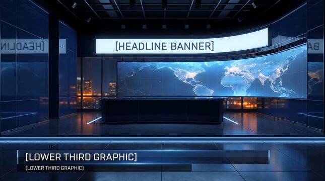 Television news studio interior with headline banner and lower third