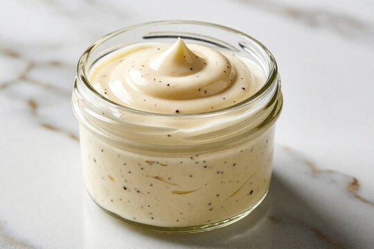 Creamy mayonnaise with black pepper specks sits in a clear glass jar on a marble surface. The smooth sauce is ready for use as a dip or ingredient in recipes.