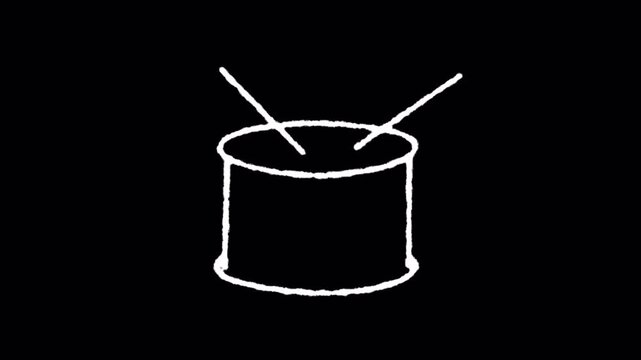 Animated white line drawing of a drum appearing on black background.