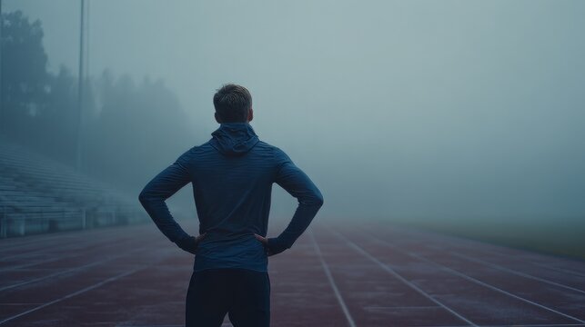 Athletic runner standing on foggy running track, determined male athlete in hoodie at stadium, misty morning sports training concept