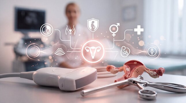 Reproductive health concept with ultrasound probe anatomical model with digital medical icons table clinic female reproductive system displays ultrasound medical equipment obstetrics