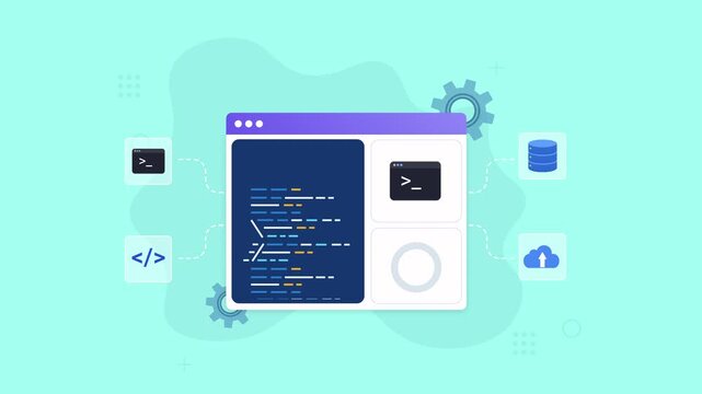 Animated web development interface with code, terminal, database, cloud, and coding icons, representing programming, software development, web technology, and digital infrastructure.