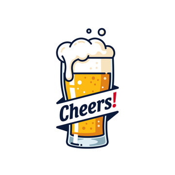 Vector illustration of a fresh glass of beer with foam and Cheers text label