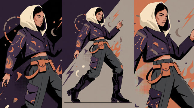 Modern mystical streetwear fashion vector illustration of woman in utility clothing with celestial jacket
