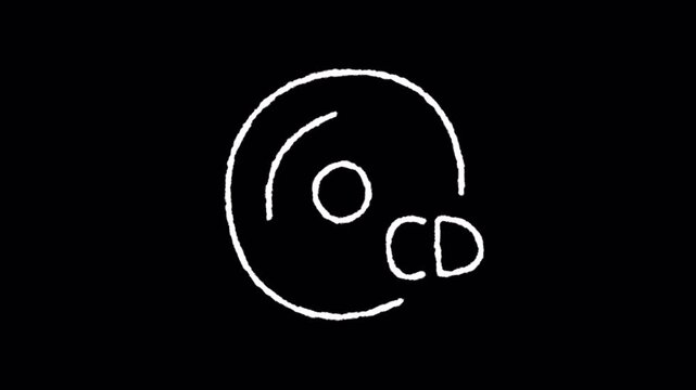 Hand drawn doodle animation of a compact disc icon on black background.