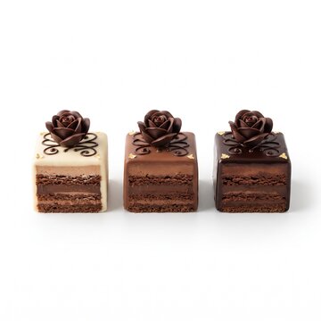 Handcrafted Gourmet Square Petit Four Cakes with Velvet Chocolate Coating Display.