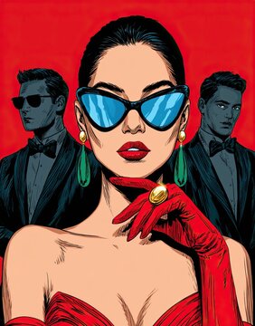 Stylish Pop Art Woman with Blue Sunglasses and Bodyguards