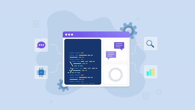 Animated web interface with code, chat, search, and analytics icons, representing digital communication, software development, web technology, collaboration, and data management.