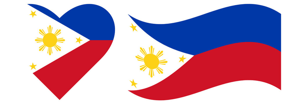 Philippines flags collection isolated. Flag of Philippines in heart shape isolate. Waving flag of Philippines isolated.