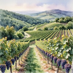Fototapeta premium Watercolor painting shows rich green vineyard rows on rolling hills. Ripe purple grapes hang from vines under a soft blue sky. A winding path leads through the scenic countryside farm.