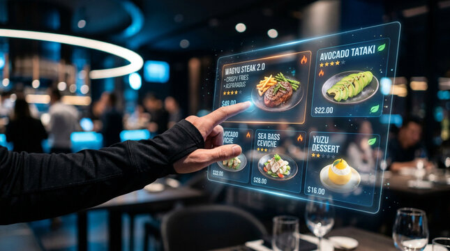 Futuristic Digital Restaurant Menu Interface with Interactive Holographic