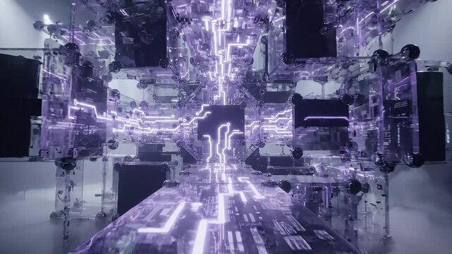 Futuristic glowing circuit board cube structure with abstract purple light patterns displaying complex digital motion animation in a dark atmospheric studio setting with fog and haze