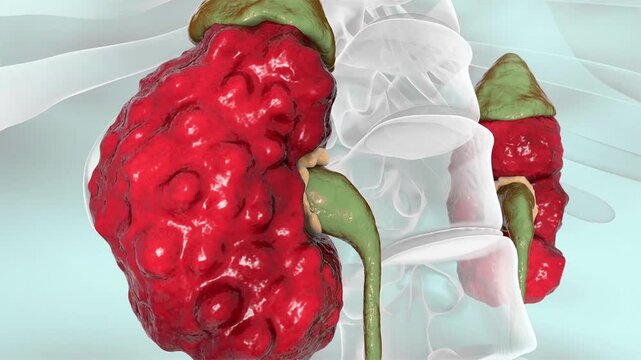 Chronic pyelonephritis, 3D animation showing renal scarring with cortical atrophy and deformity, consistent with recurrent urinary infection, associated with progressive loss of renal function.
