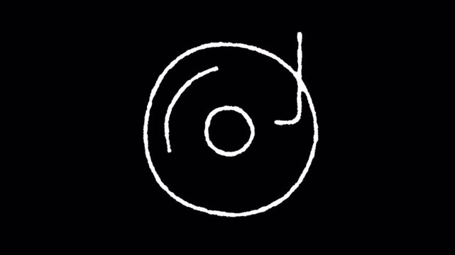 Minimalist white line animation of a vinyl record icon appearing on black background.