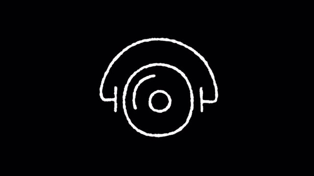 Minimalist white line animation of headphones appearing over a compact disc icon on a black background.