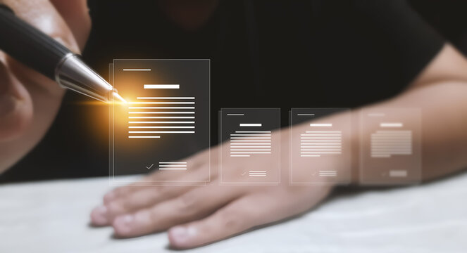 Digital document management system interface showing electronic signature process with virtual holographic paper files for business workflow efficiency