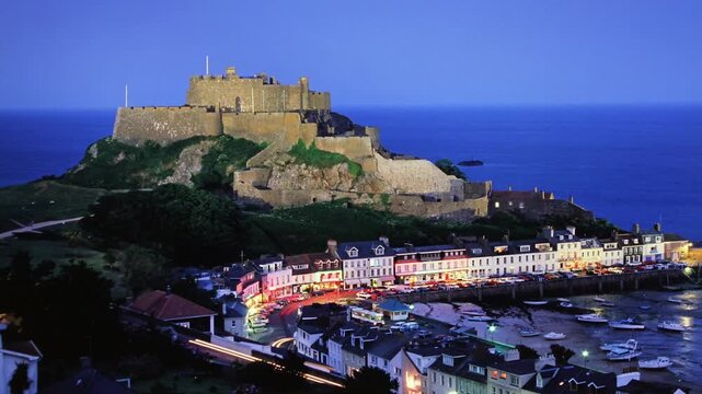 Mount Orgueil Castle at night , Gorey, Jersey, United Kingdom