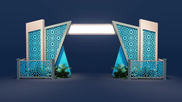 3D animation Islamic Arabic gate geometric ornament zoom in camera close approach lattice mashrabiya arch ramadan eid event stage blue render cinematic