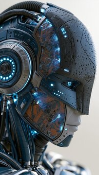 Robotic head with exposed circuitry and glowing blue elements on robot android cyborg